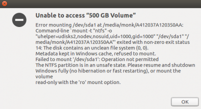 Ubuntu与Win10双系统磁盘挂载出问题Unable to access “500 GB Volume”