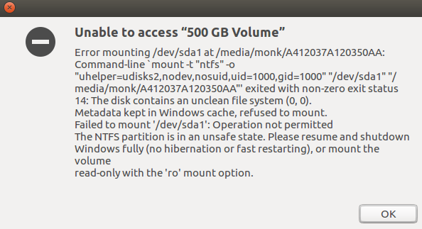 Ubuntu与Win10双系统磁盘挂载出问题Unable to access “500 GB Volume”-机器在学习